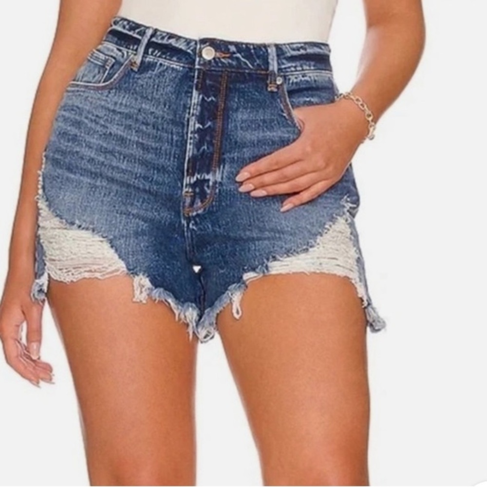 Good American Bombshell Blue Distressed High Rise Jean Shorts- Sz 29